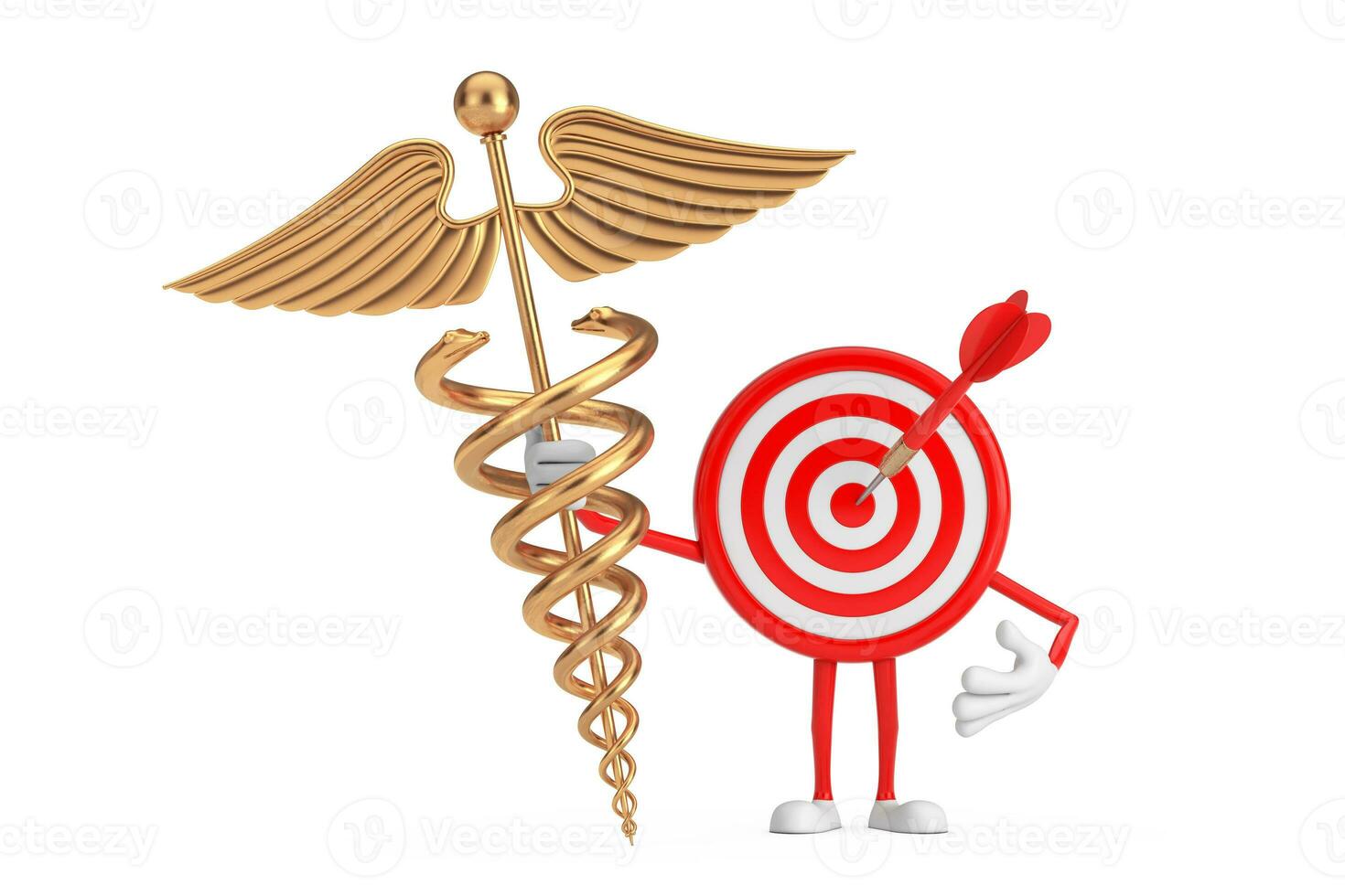 Archery Target and Dart in Center Cartoon Person Character Mascot with Golden Medical Caduceus Symbol. 3d Rendering photo