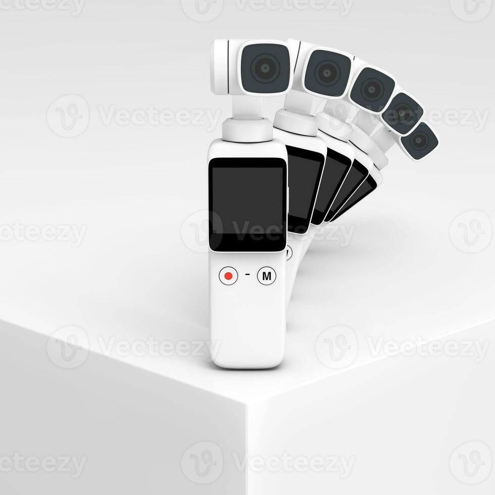 Row of White Pocket Handheld Gimbal Action Camera on a White Product Presentation Podium Cube. 3d Rendering photo