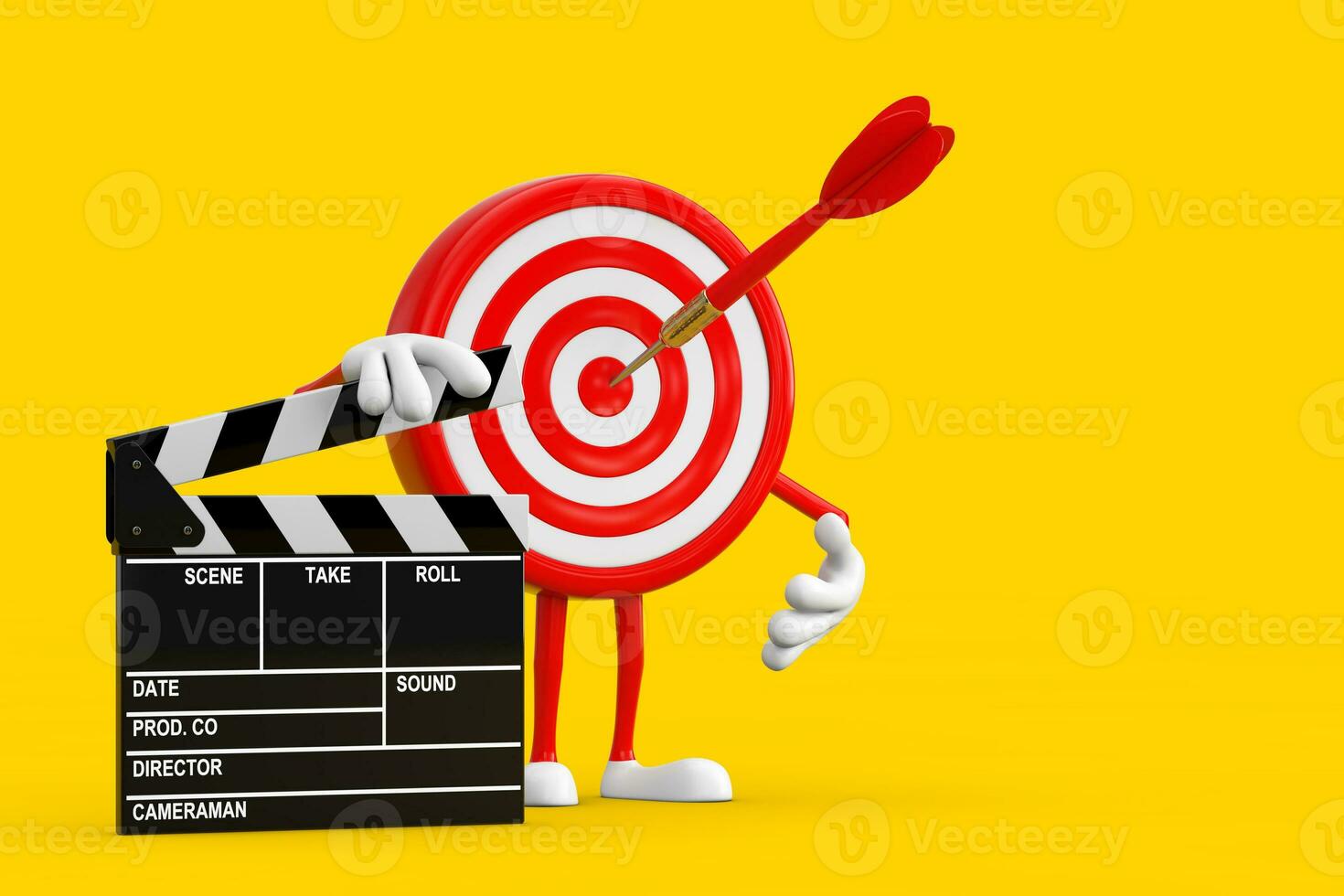 Archery Target and Dart in Center Cartoon Person Character Mascot with Movie Clapper Board. 3d Rendering photo