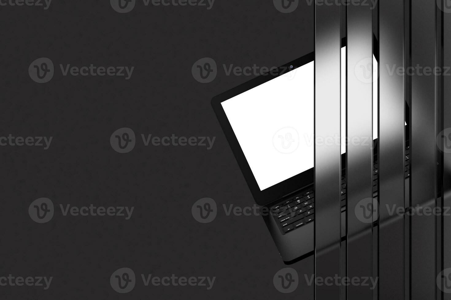 Modern Laptop Computer Notebook and Blank Screen for Your Design Behind of Glass Panels. 3d Rendering photo