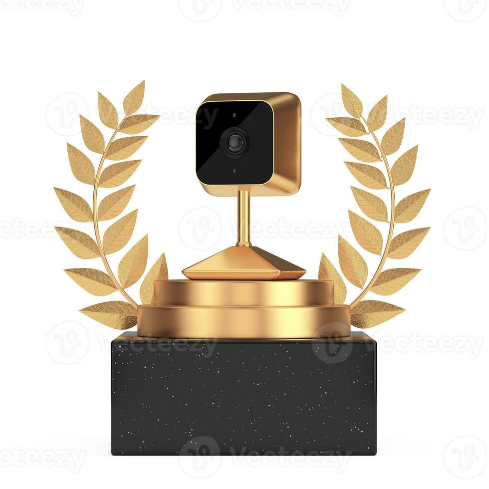 Winner Award Cube Gold Laurel Wreath Podium, Stage or Pedestal with Golden Modern Security Web Camera. 3d Rendering photo