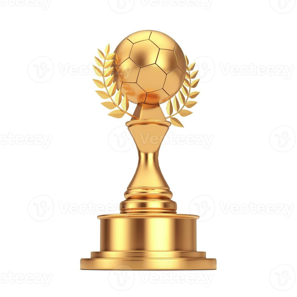 Golden Award Trophy with Golden Football Soccer Ball and Laurel Wreath. 3d Rendering photo