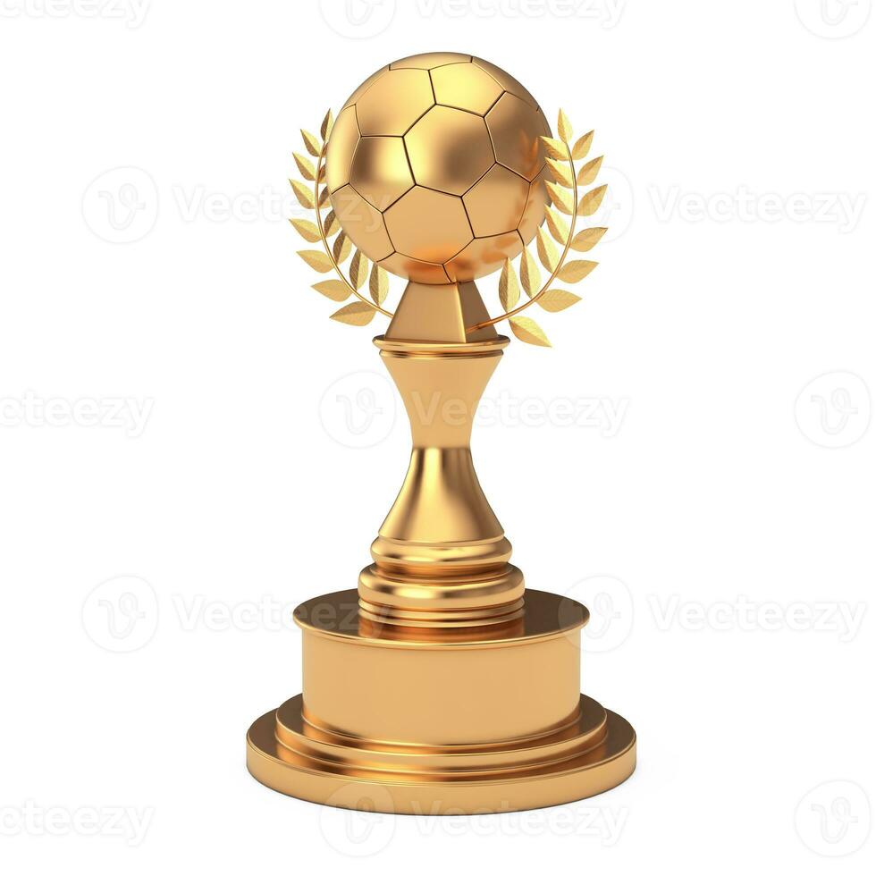 Golden Award Trophy with Golden Football Soccer Ball and Laurel Wreath. 3d Rendering photo