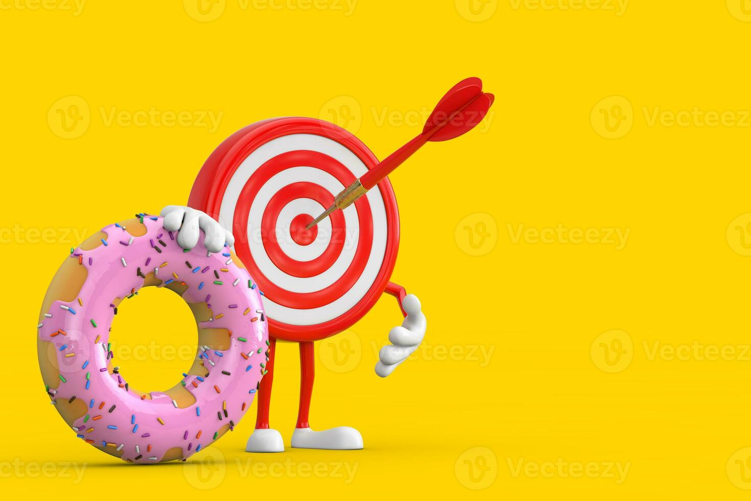 Archery Target and Dart in Center Cartoon Person Character Mascot with Big Strawberry Pink Glazed Donut. 3d Rendering photo