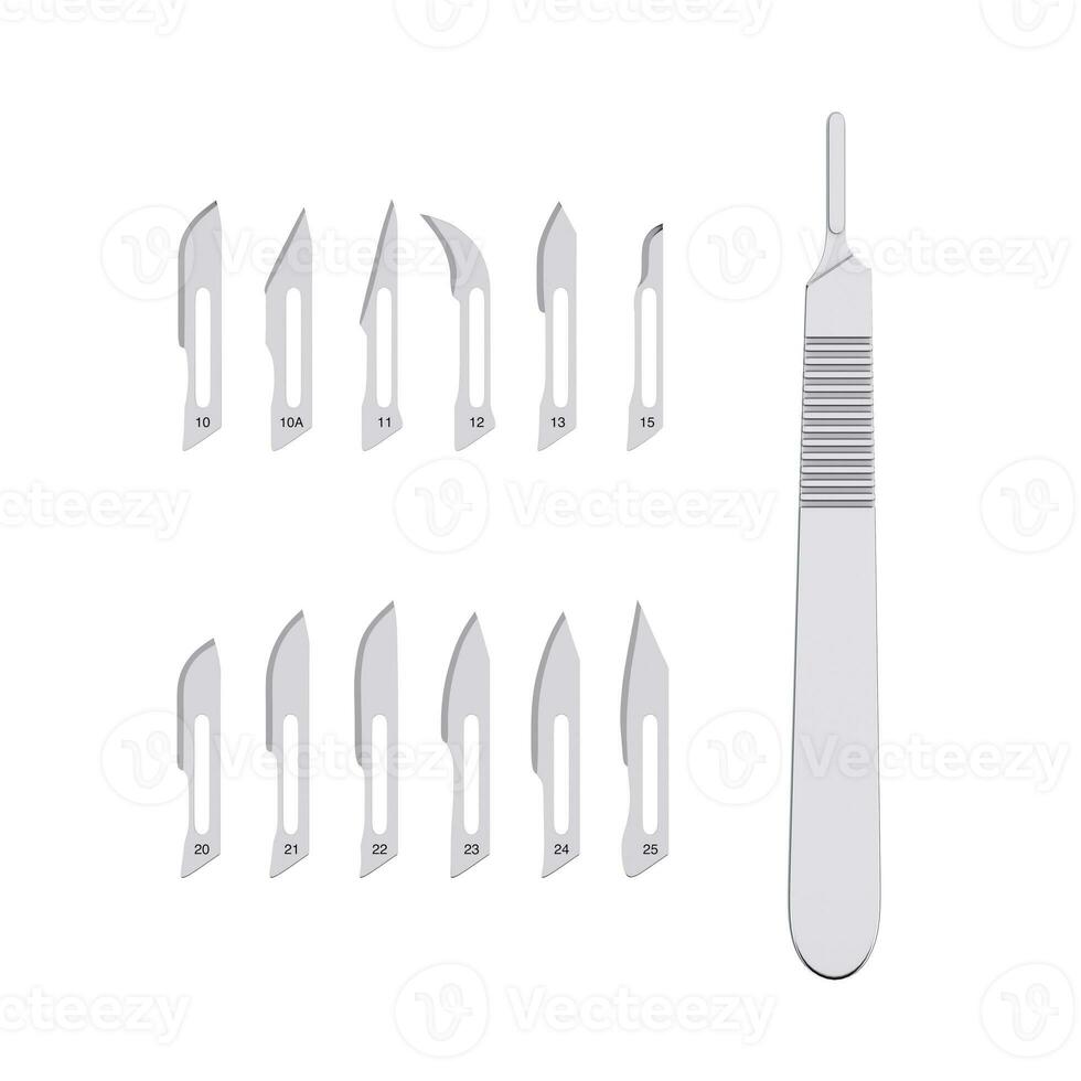 Set of Hygienic Surgical Scalpel Blades Bisturi. 3d Rendering photo