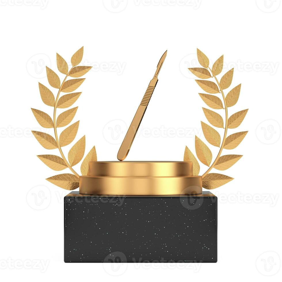 Winner Award Cube Gold Laurel Wreath Podium, Stage or Pedestal with Golden Surgical Scalpel. 3d Rendering photo