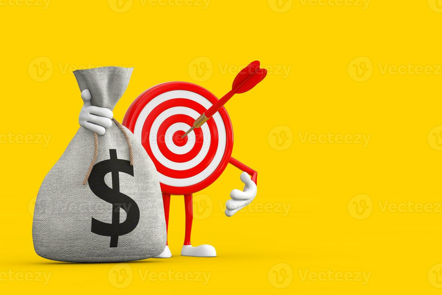 Archery Target and Dart in Center Cartoon Person Character Mascot with Tied Rustic Canvas Linen Money Sack or Money Bag with Dollar Sign. 3d Rendering photo