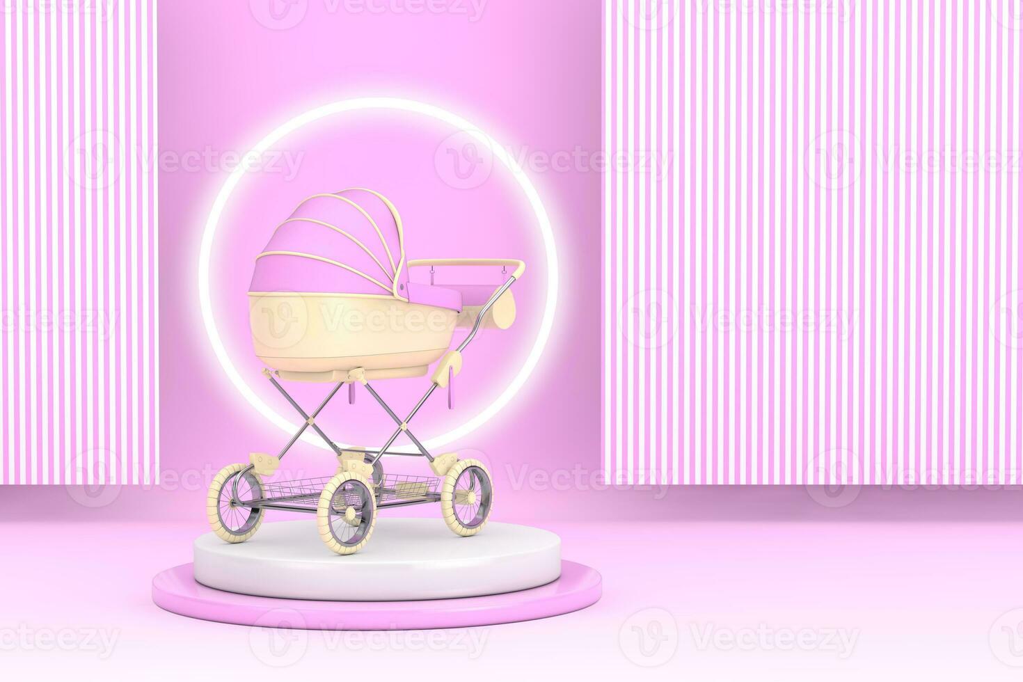 Modern Pink Baby Carriage, Stroller, Pram on top of Product Presentation Stage or Pedestal. 3d Rendering photo