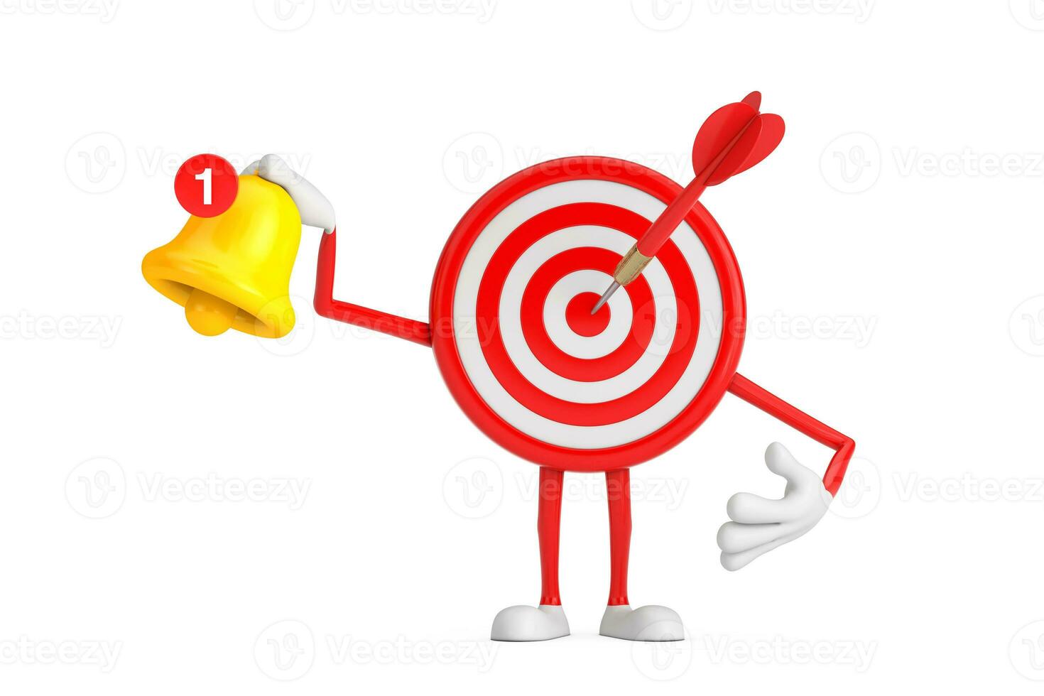 Archery Target and Dart in Center Cartoon Person Character Mascot witn Cartoon Social Media Notification Bell and New Message Icon. 3d Rendering photo