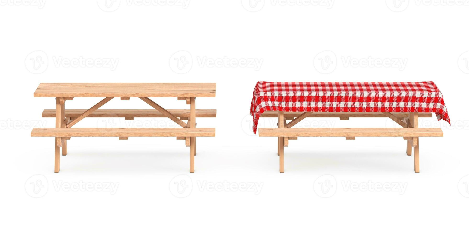Wooden Picnic Table with Benches and Red Plaid Tablecloth. 3d Rendering photo