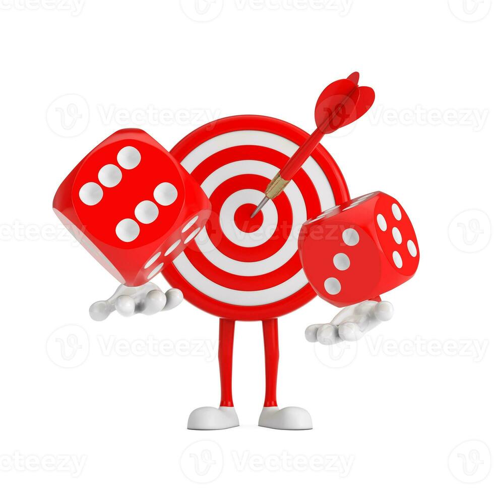 Archery Target and Dart in Center Cartoon Person Character Mascot with Red Game Dice Cubes in Flight. 3d Rendering photo