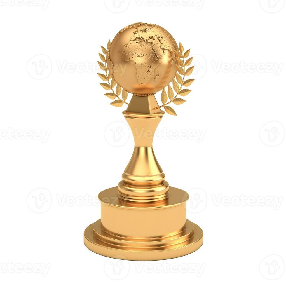 Golden Award Trophy with Golden Earth Globe and Laurel Wreath. 3d Rendering photo