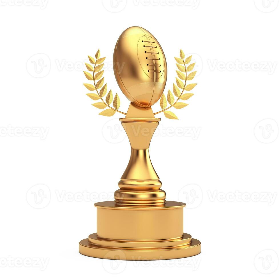 Golden Award Trophy with Golden Classic Old Rugby Ball and Laurel Wreath. 3d Rendering photo