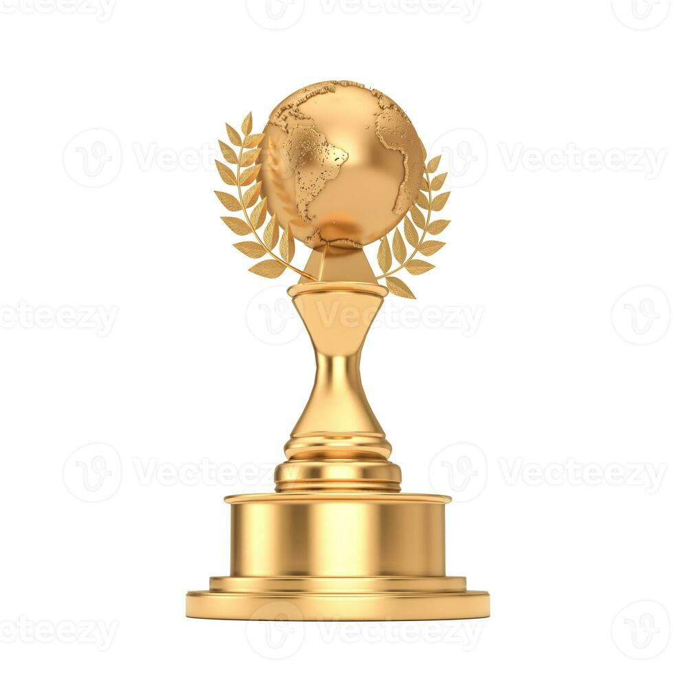 Golden Award Trophy with Golden Earth Globe and Laurel Wreath. 3d Rendering photo