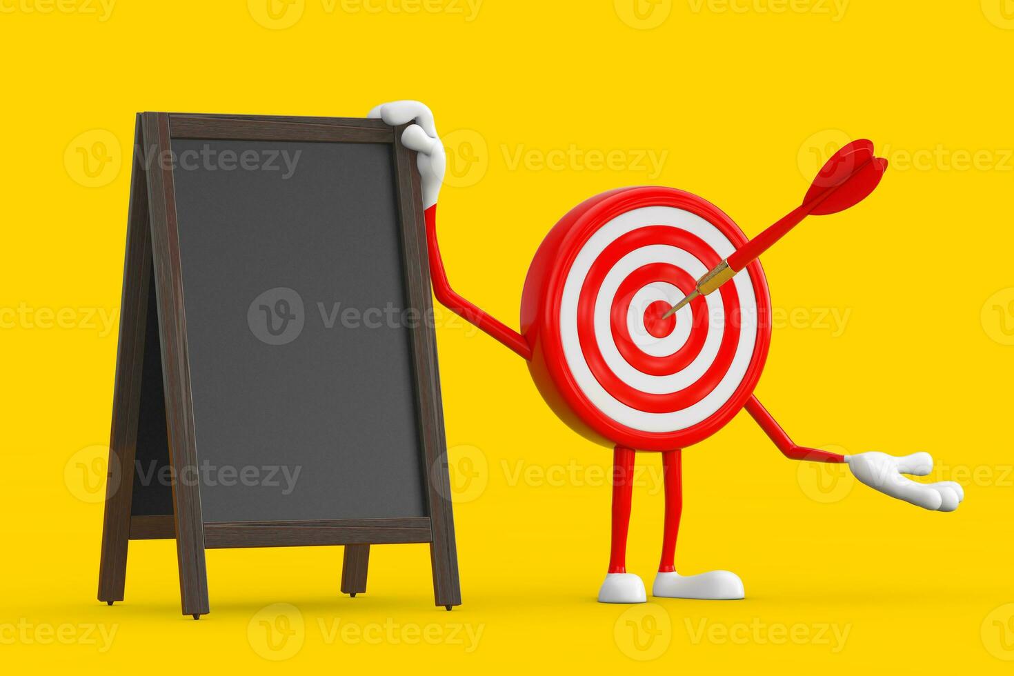 Archery Target and Dart in Center Cartoon Person Character Mascot with Blank Wooden Menu Blackboards Outdoor Display. 3d Rendering photo