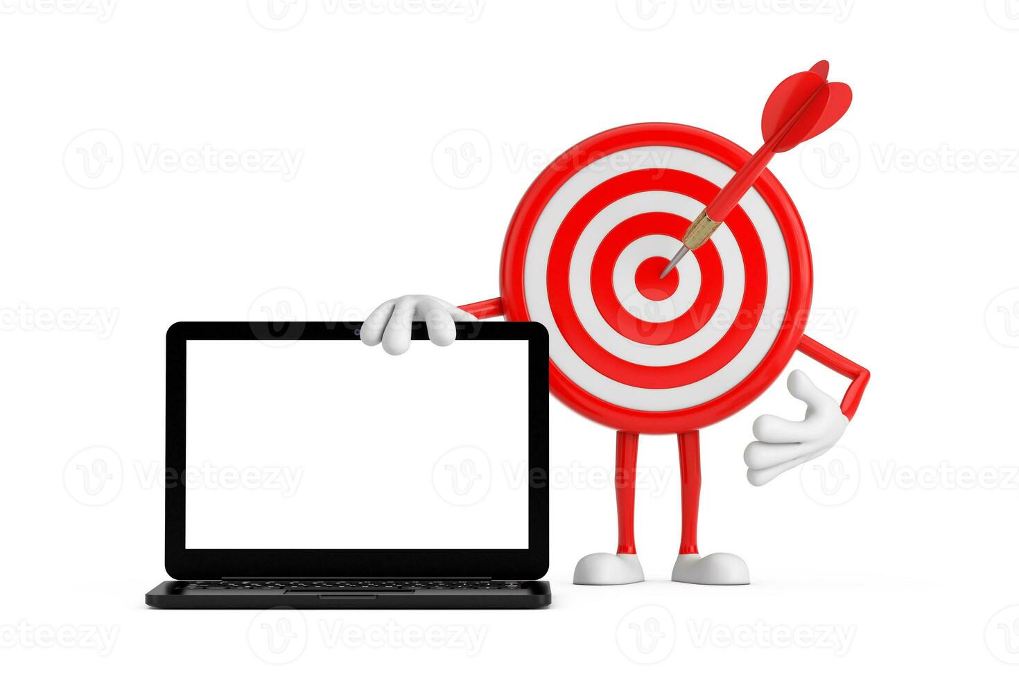 Archery Target and Dart in Center Cartoon Person Character Mascot with Modern Laptop Computer Notebook and Blank Screen for Your Design. 3d Rendering photo