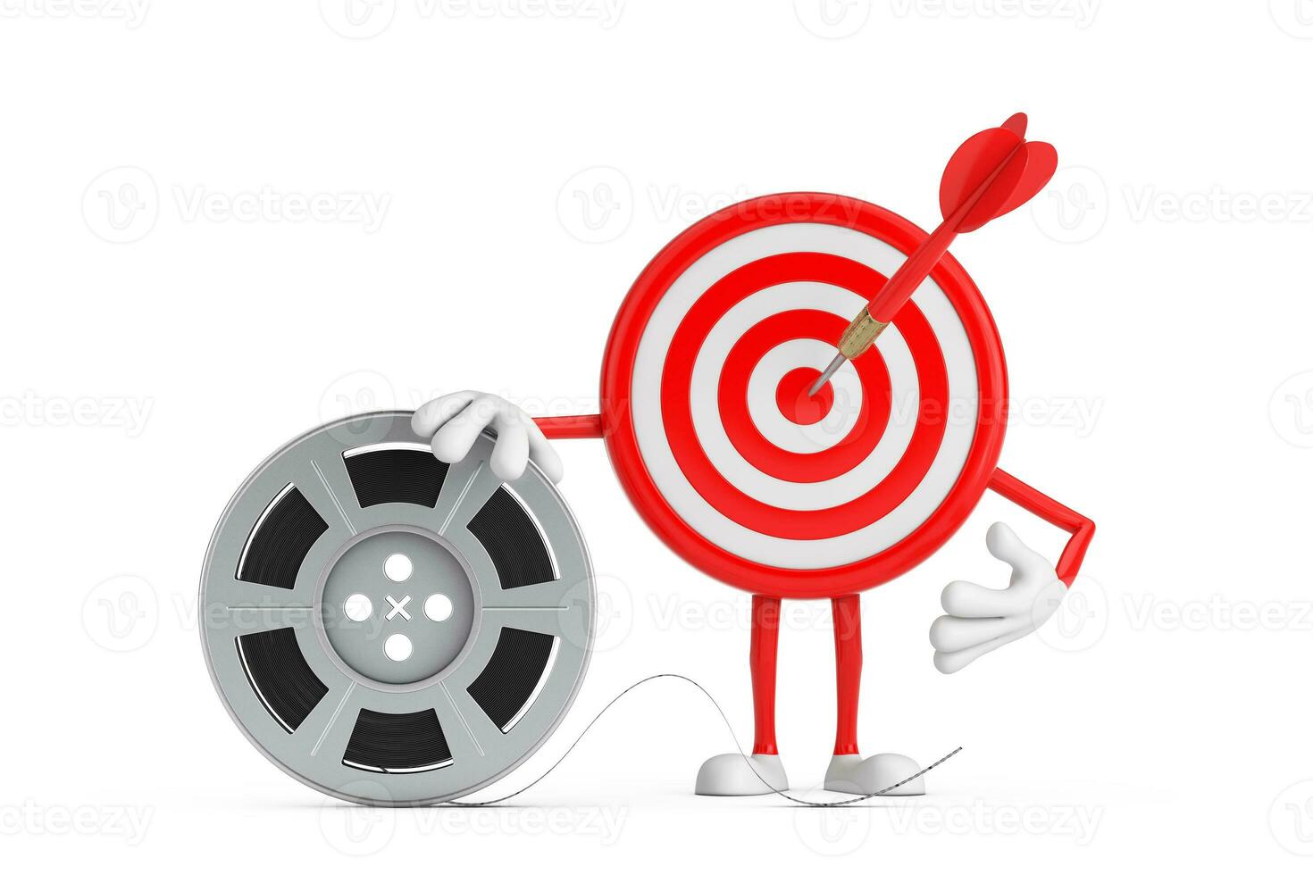 Archery Target and Dart in Center Cartoon Person Character Mascot with Film Reel Cinema Tape. 3d Rendering photo