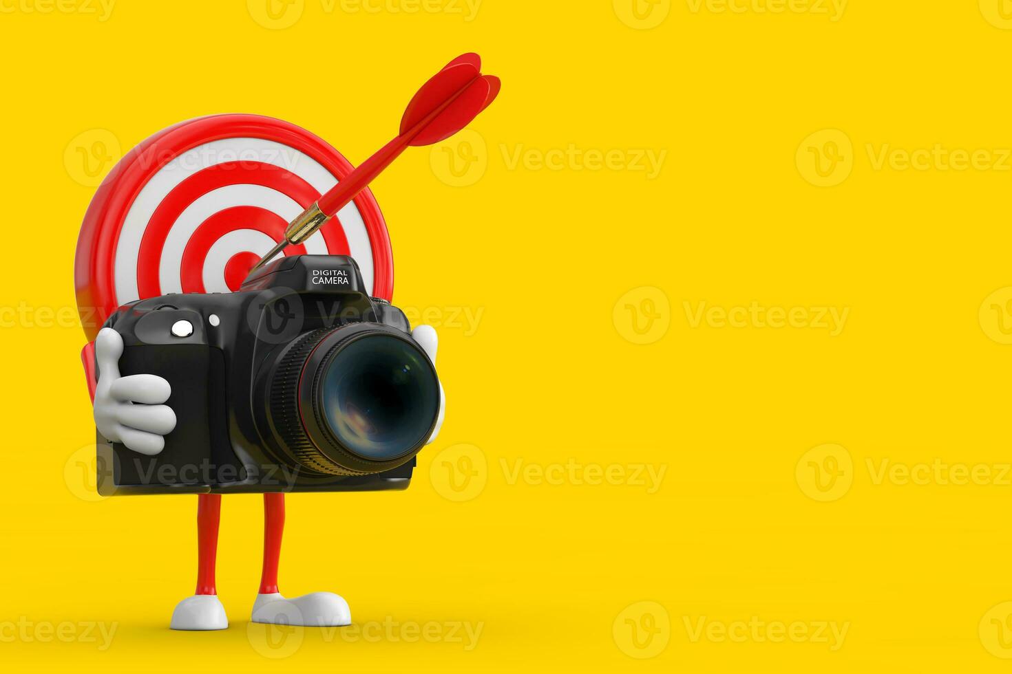 Archery Target and Dart in Center Cartoon Person Character Mascot with Modern Digital Photo Camera. 3d Rendering