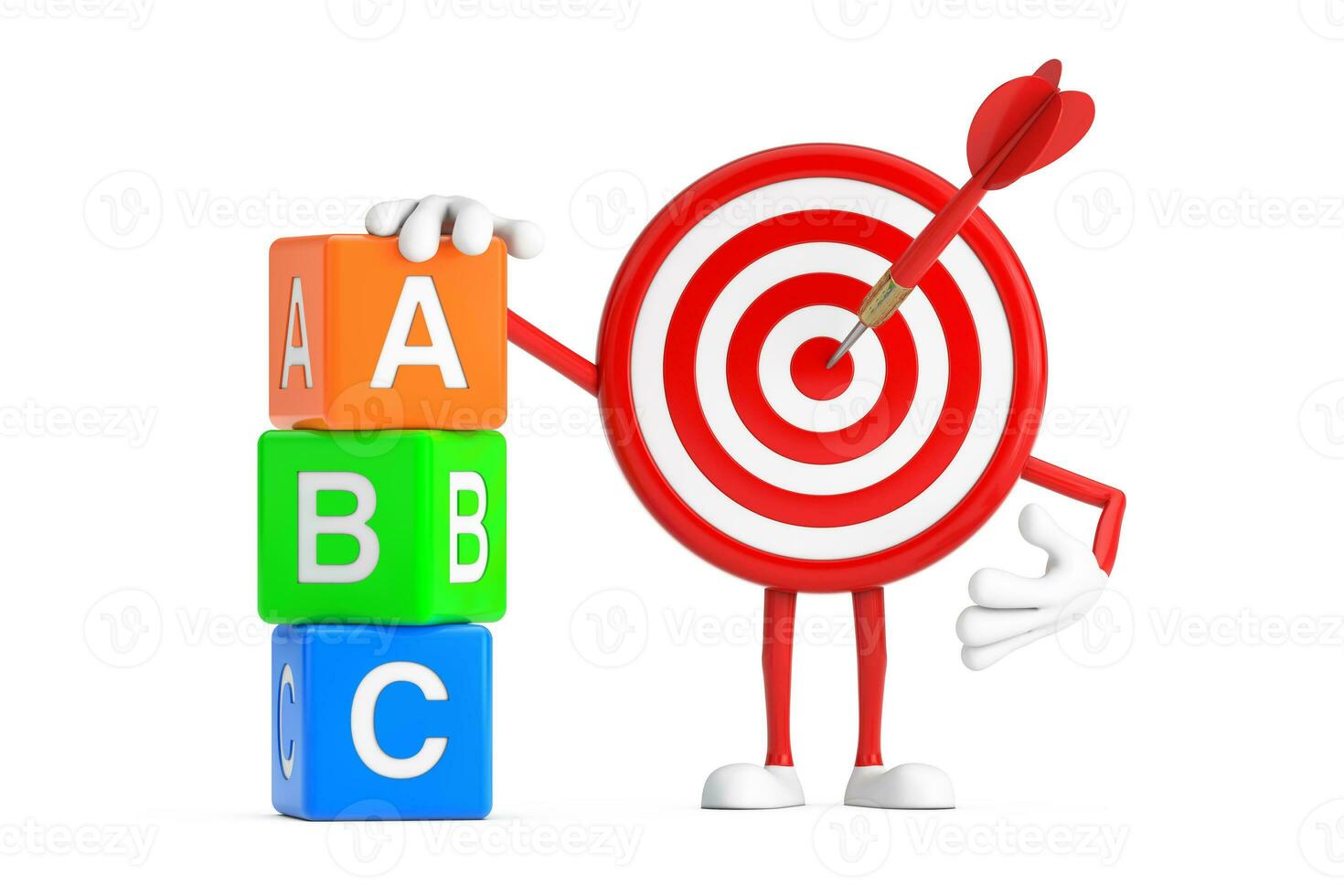 Archery Target and Dart in Center Cartoon Person Character Mascot Alphabet ABC Education Cubes. 3d Rendering photo