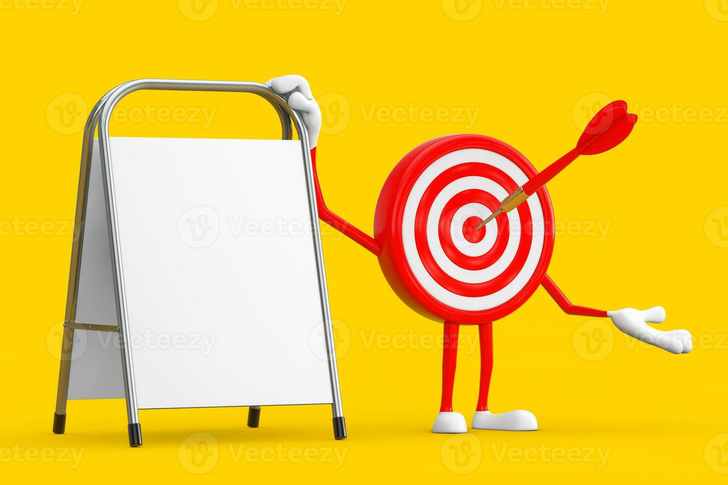 Archery Target and Dart in Center Cartoon Person Character Mascot with White Blank Advertising Promotion Stand. 3d Rendering photo