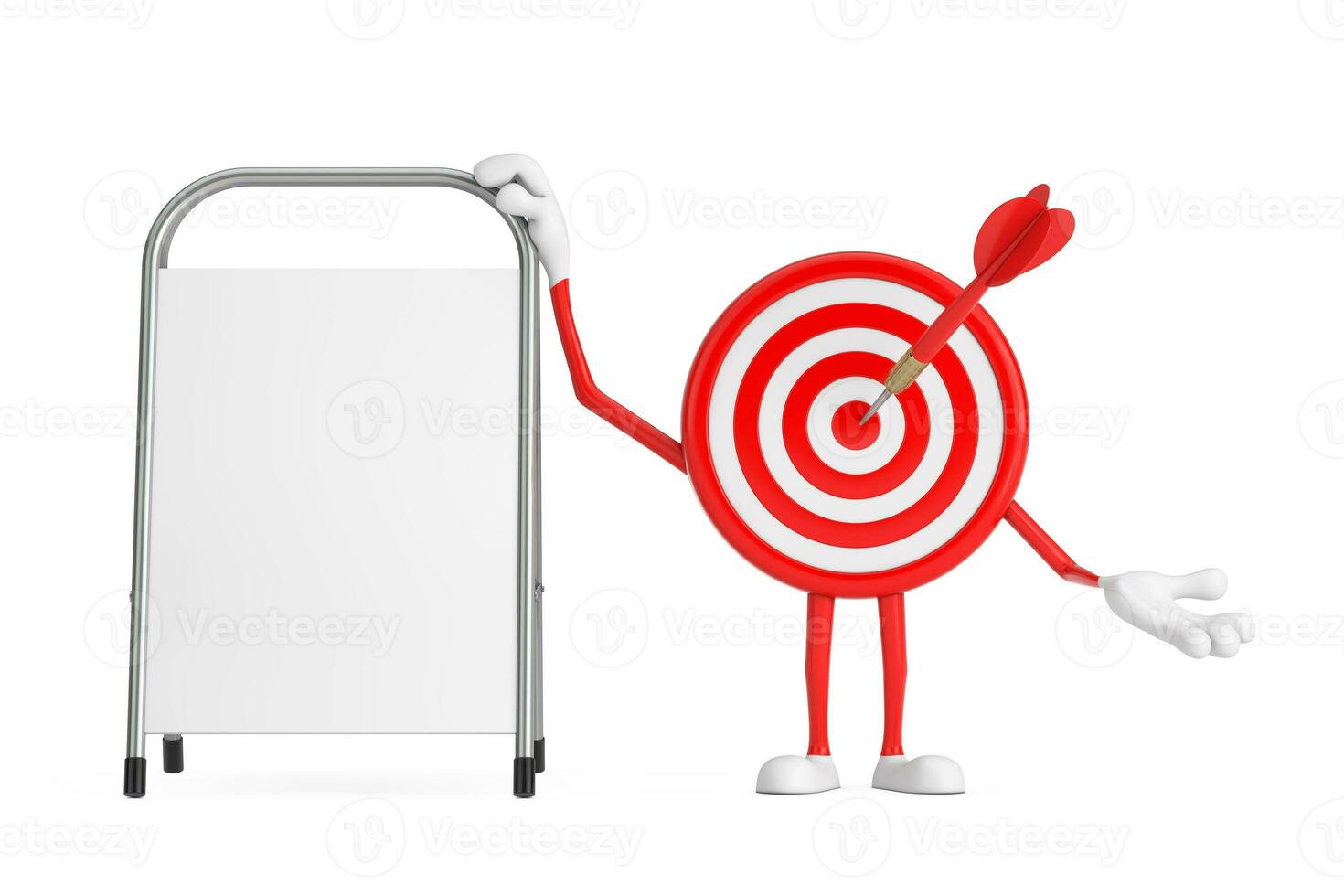 Archery Target and Dart in Center Cartoon Person Character Mascot with White Blank Advertising Promotion Stand. 3d Rendering photo