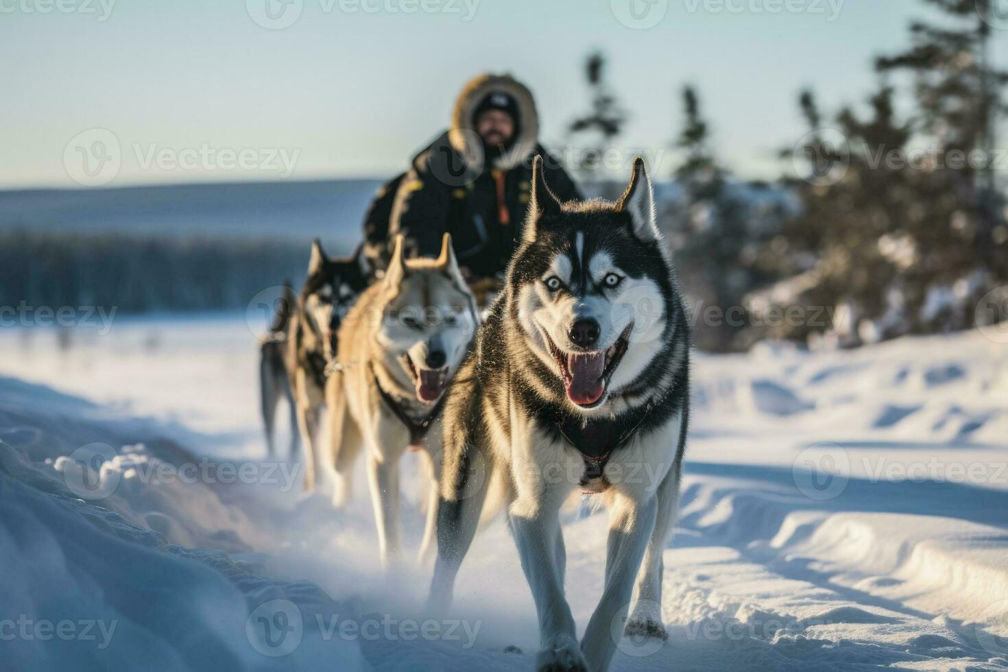 AI generated A dog breeder training a Siberian Husky on a frosty tundra plain photo