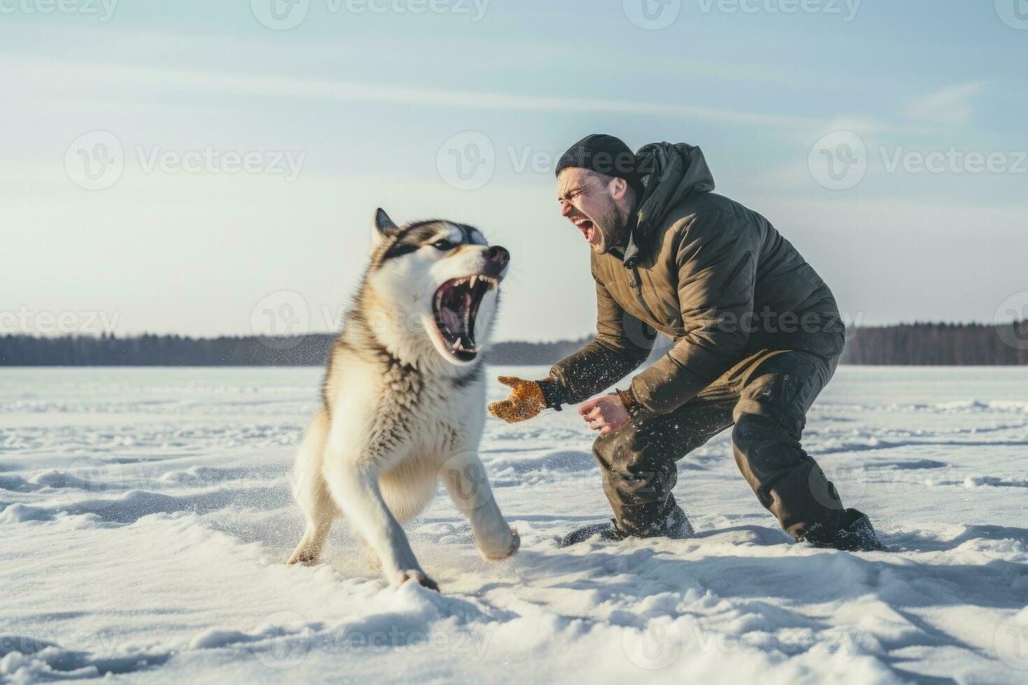 AI generated A dog breeder training a Siberian Husky on a frosty tundra plain photo