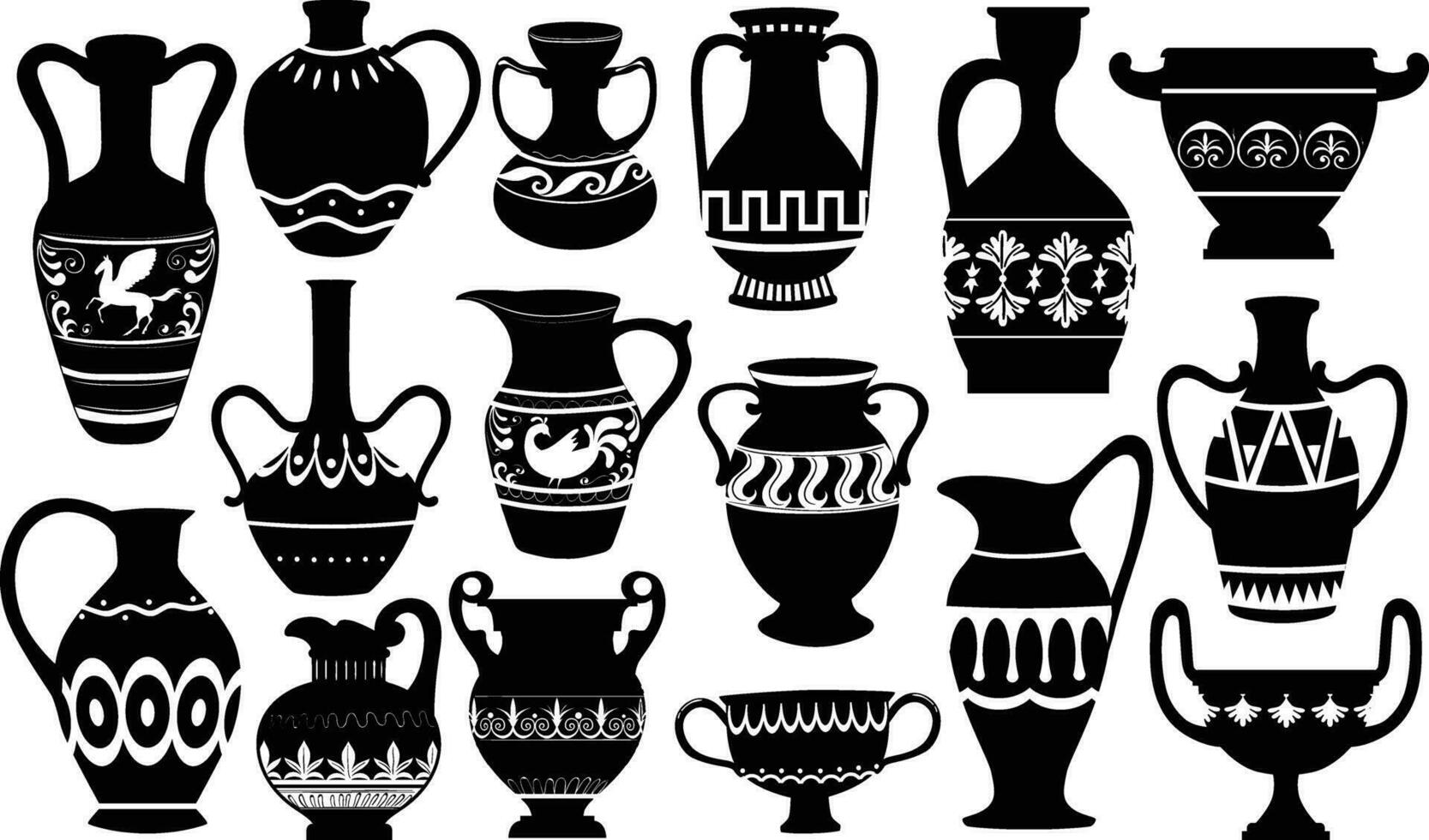 Collection of greek pots ancient pottery ceramic vases silhouettes. Isolated vector  illustrations on white background