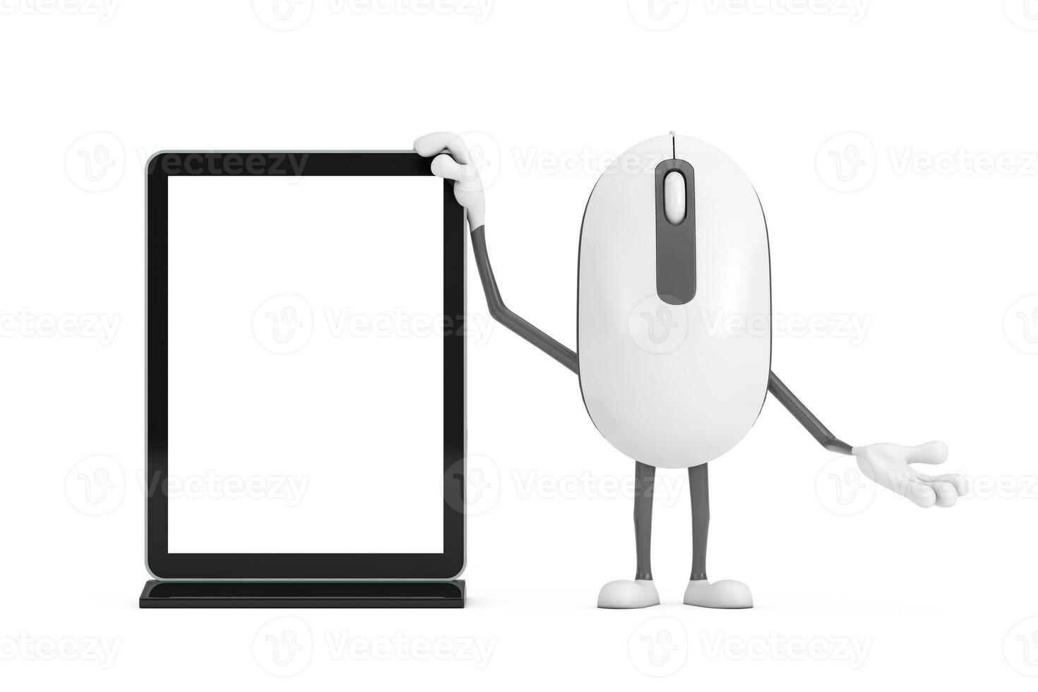 Computer Mouse Cartoon Person Character Mascot with Blank Trade Show LCD Screen Display Stand as Template for Your Design. 3d Rendering photo