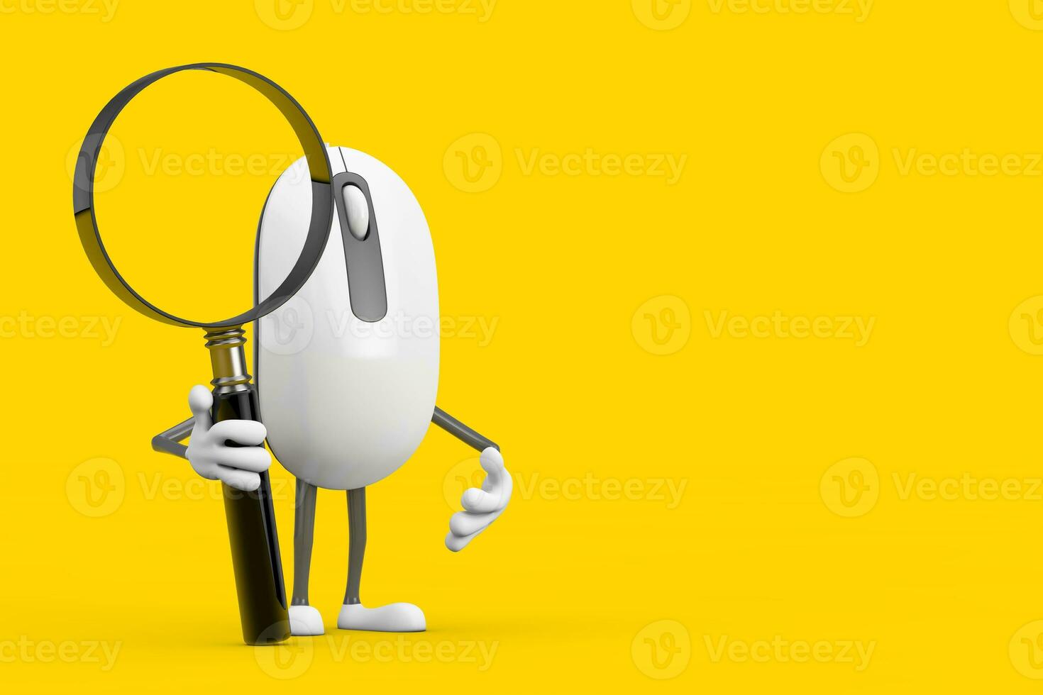 Computer Mouse Cartoon Person Character Mascot with Magnifying Glass. 3d Rendering photo