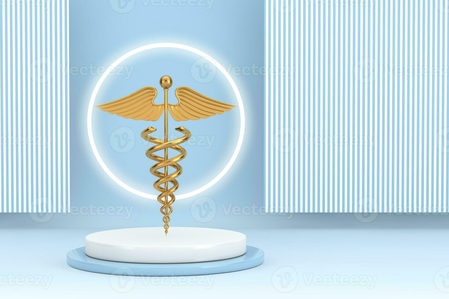 Gold Medical Caduceus Symbol on top of Product Presentation Stage or Pedestal. 3d Rendering photo
