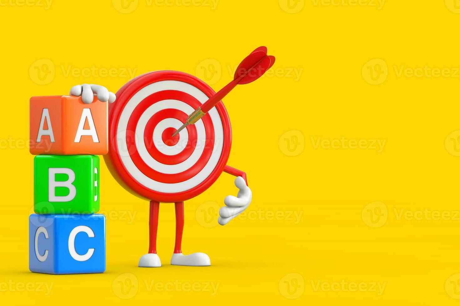 Archery Target and Dart in Center Cartoon Person Character Mascot Alphabet ABC Education Cubes. 3d Rendering photo