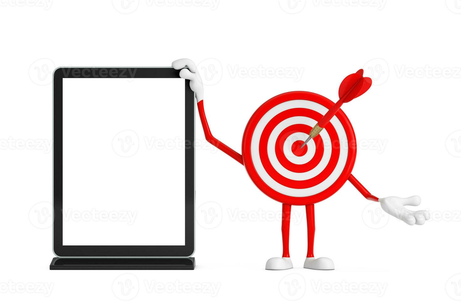 Archery Target and Dart in Center Cartoon Person Character Mascot with Blank Trade Show LCD Screen Display Stand as Template for Your Design. 3d Rendering photo