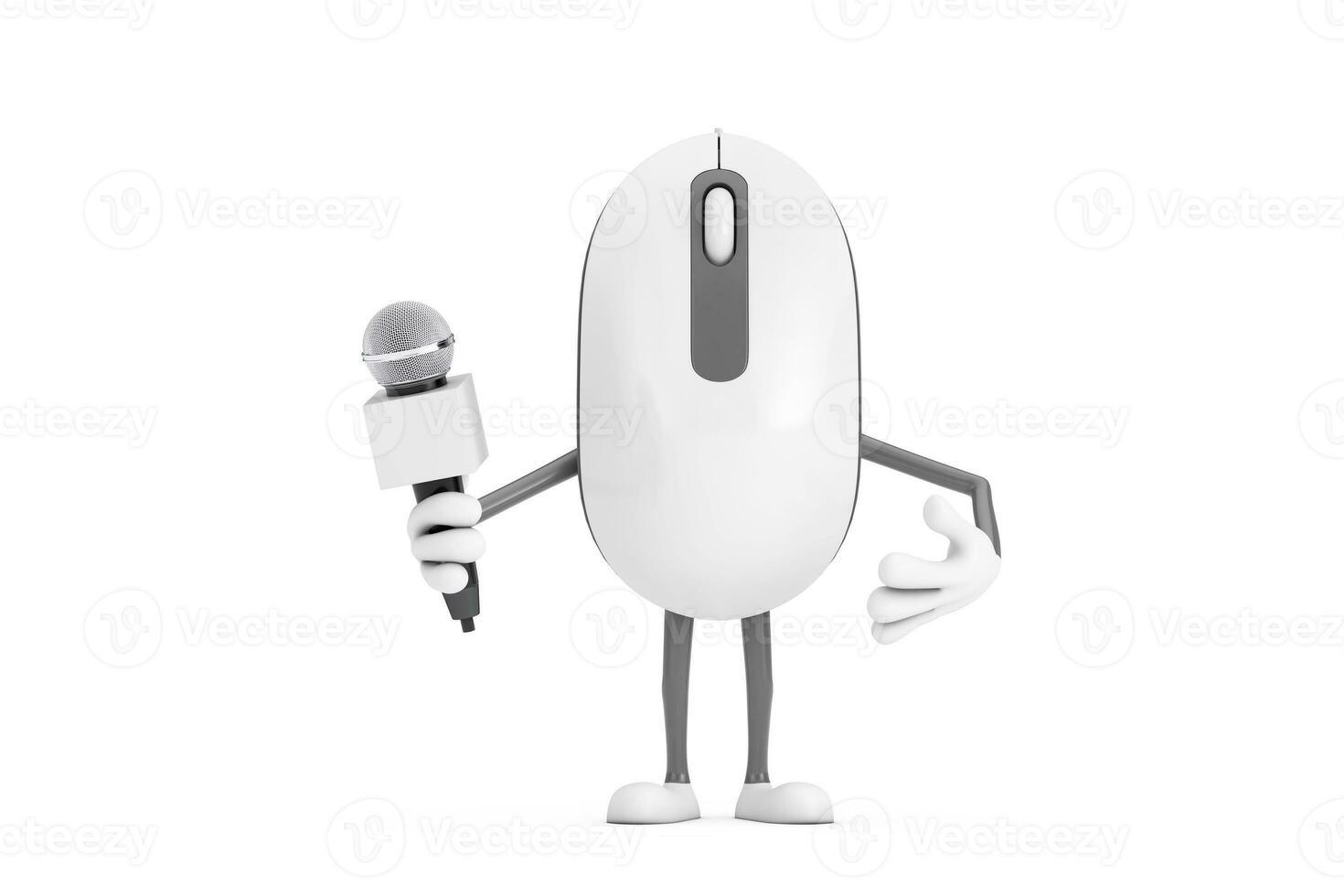 Computer Mouse Cartoon Person Character Mascot with Modern Chrome Microphone. 3d Rendering photo