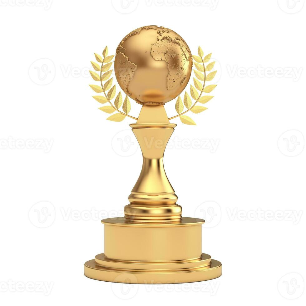 dorado premio trofeo con dorado tierra globo y laurel guirnalda. 3d representación foto