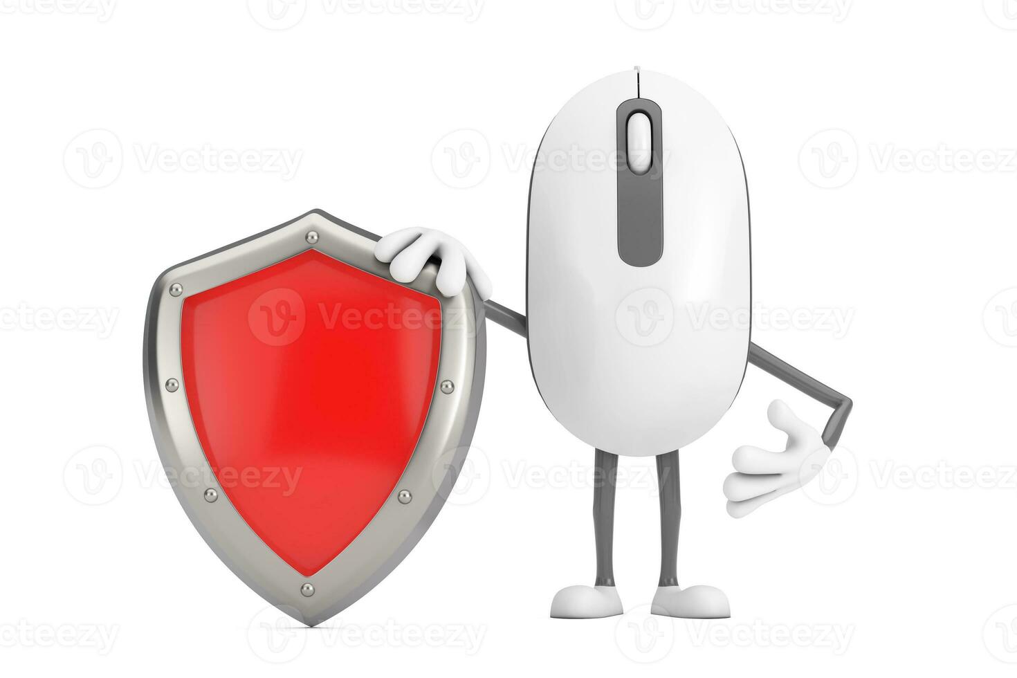 Computer Mouse Cartoon Person Character Mascot with Red Metal Protection Shield. 3d Rendering photo
