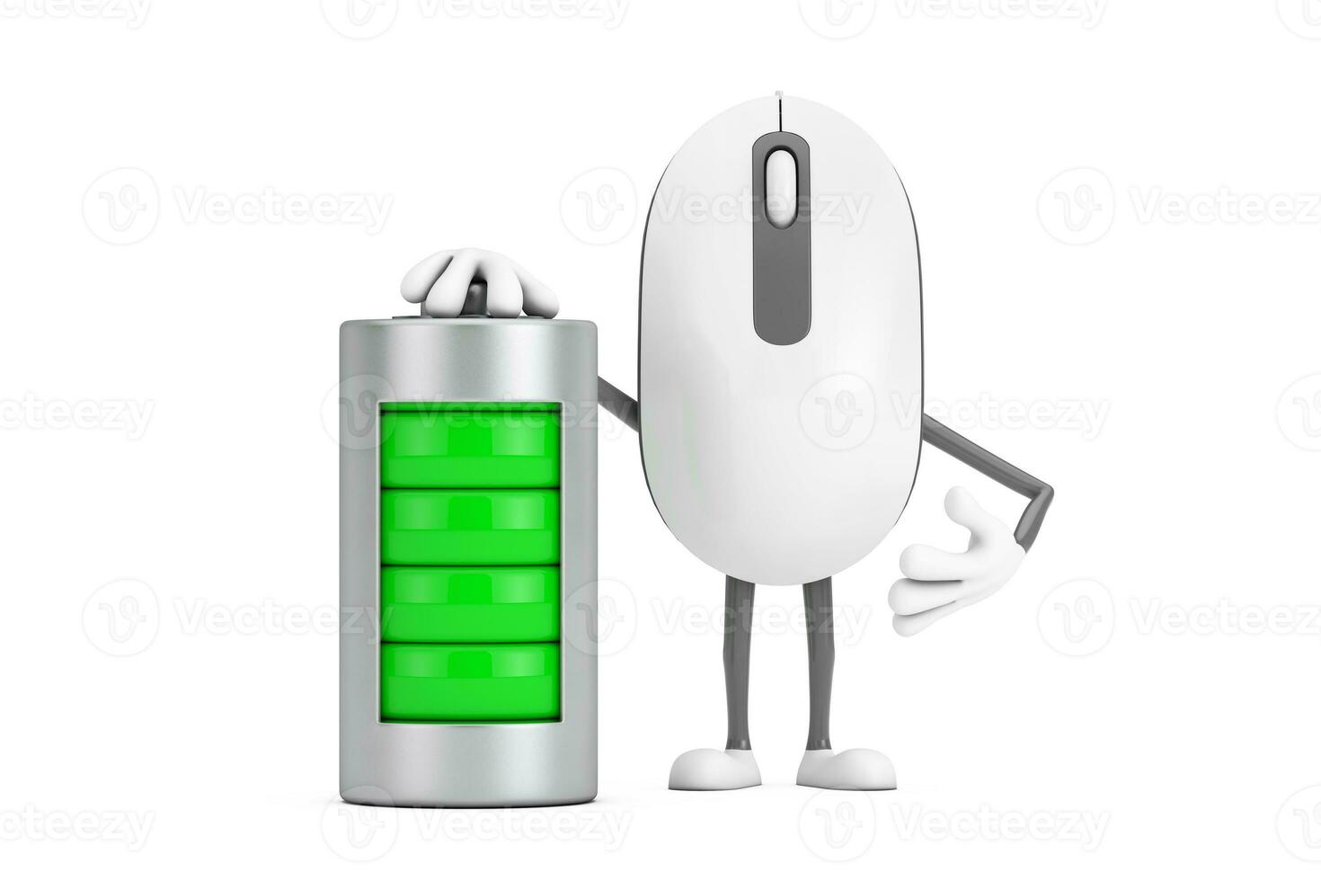 Computer Mouse Cartoon Person Character Mascot with Abstract Charging Battery. 3d Rendering photo