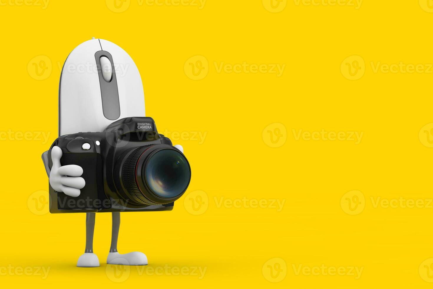 Computer Mouse Cartoon Person Character Mascot with Modern Digital Photo Camera. 3d Rendering