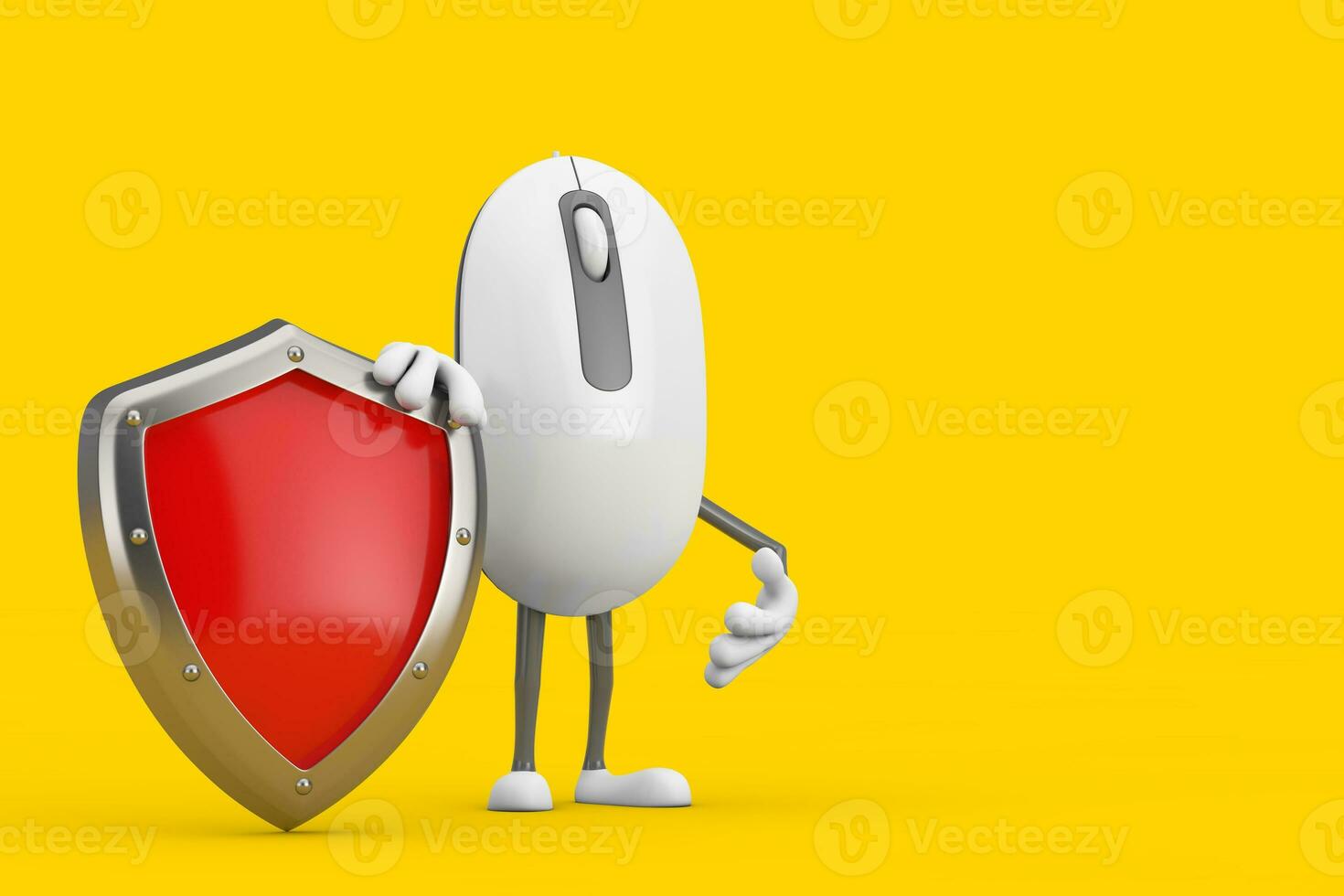 Computer Mouse Cartoon Person Character Mascot with Red Metal Protection Shield. 3d Rendering photo