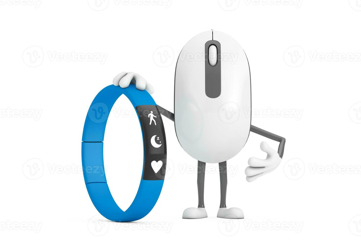 Computer Mouse Cartoon Person Character Mascot with Blue Fitness Tracker. 3d Rendering photo