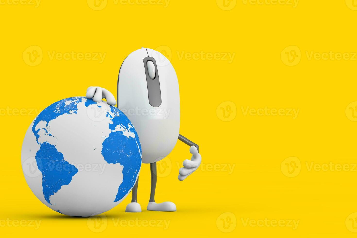 Computer Mouse Cartoon Person Character Mascot with Earth Globe. 3d Rendering photo