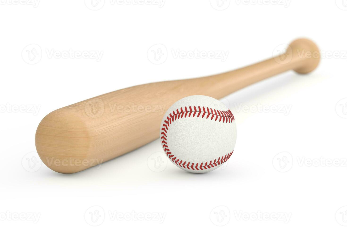 White Baseball Ball and Wooden Bat. 3d Rendering photo