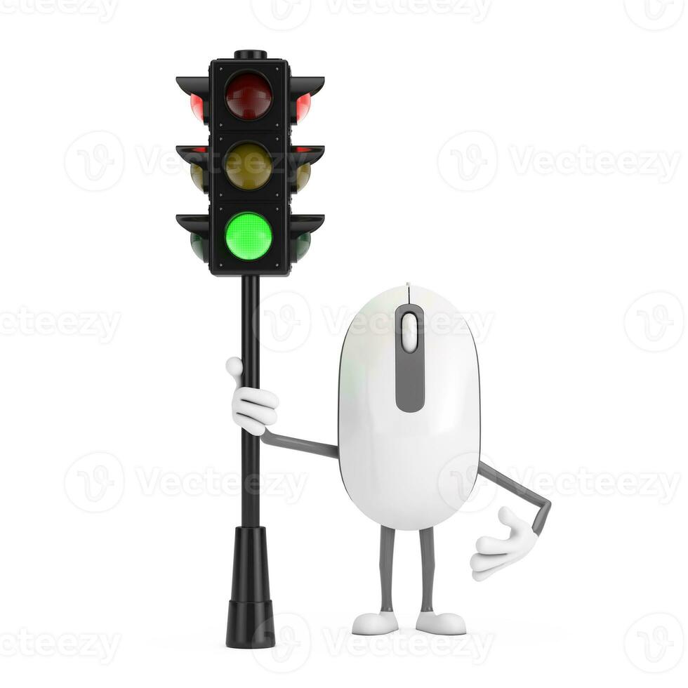Computer Mouse Cartoon Person Character Mascot with Traffic Green Light. 3d Rendering photo