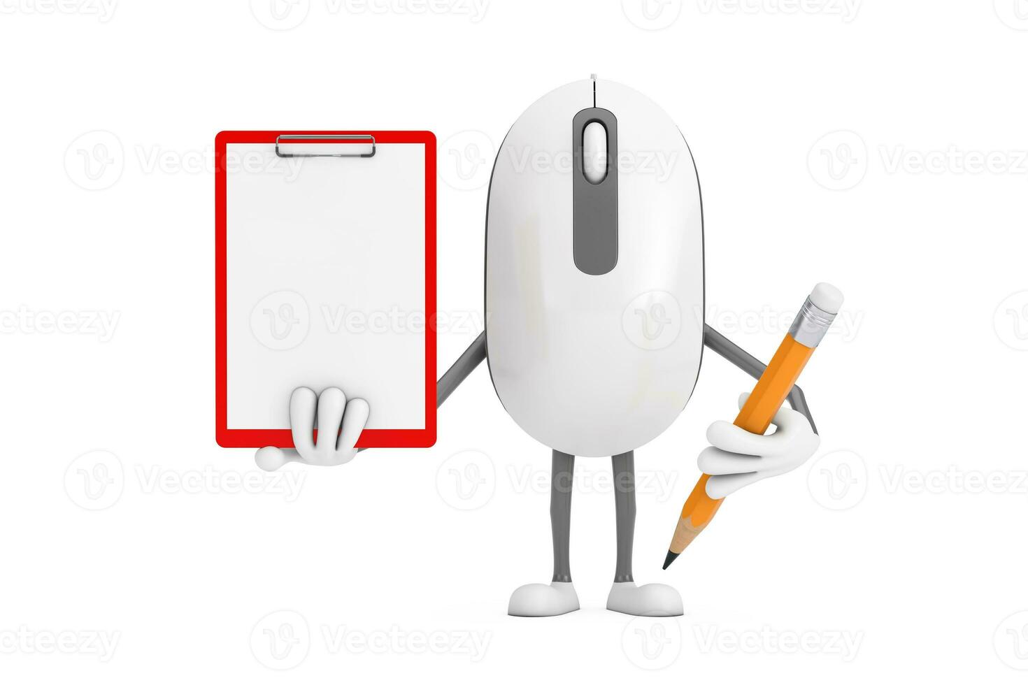 Computer Mouse Cartoon Person Character Mascot with Red Plastic Clipboard, Paper and Pencil. 3d Rendering photo