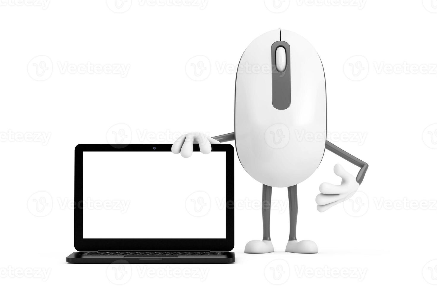 computadora ratón dibujos animados persona personaje mascota con moderno ordenador portátil computadora cuaderno y blanco pantalla para tu diseño. 3d representación foto