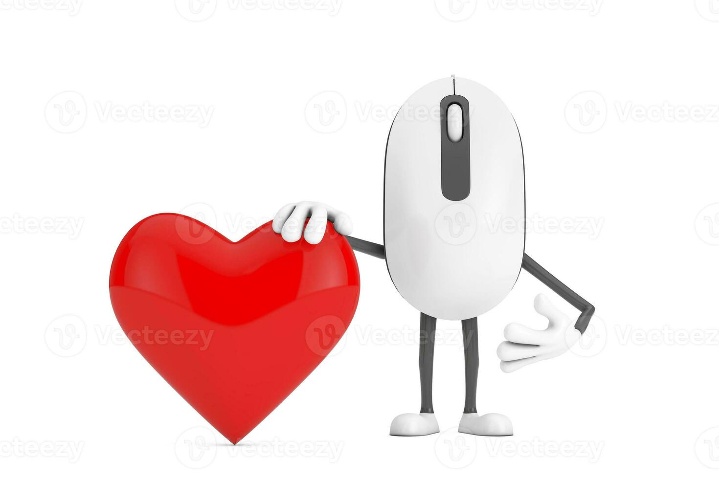 computadora ratón dibujos animados persona personaje mascota con rojo corazón. 3d representación foto