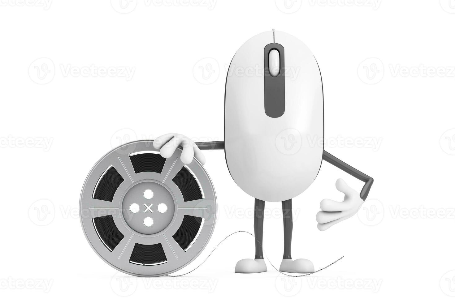 Computer Mouse Cartoon Person Character Mascot with Film Reel Cinema Tape. 3d Rendering photo