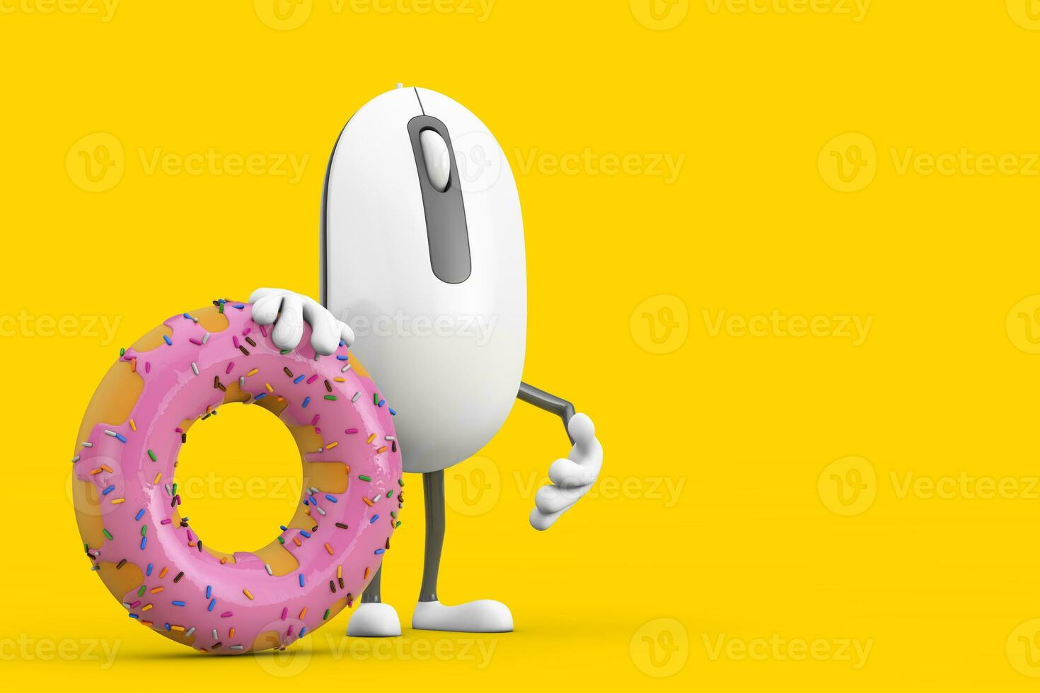 Computer Mouse Cartoon Person Character Mascot with Big Strawberry Pink Glazed Donut. 3d Rendering photo