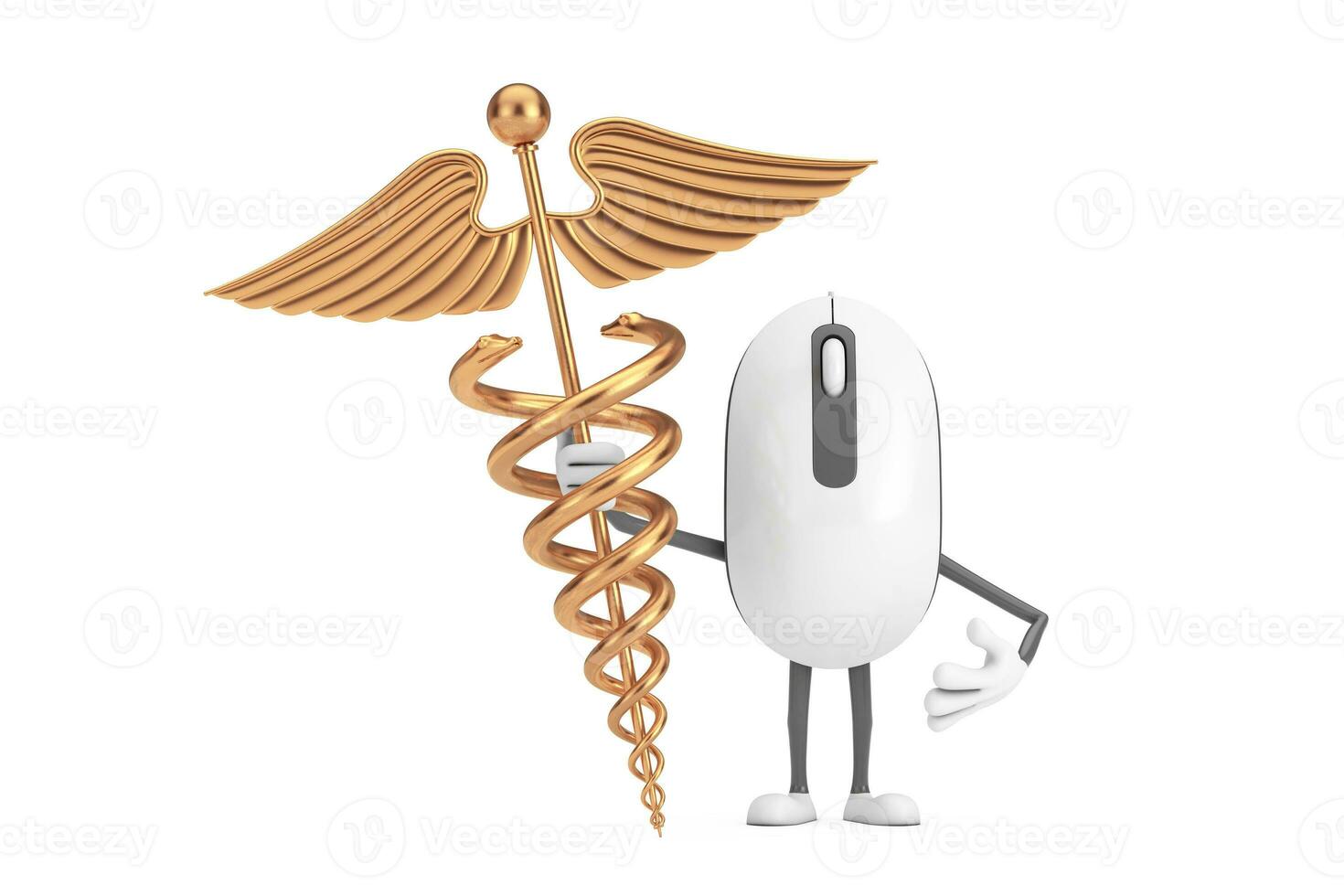 Computer Mouse Cartoon Person Character Mascot with Golden Medical Caduceus Symbol. 3d Rendering photo