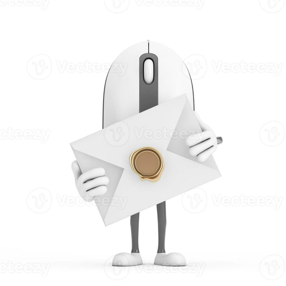 Computer Mouse Cartoon Person Character Mascot with White Blank Envelope. 3d Rendering photo